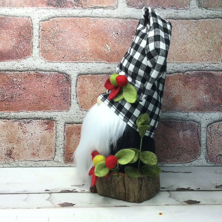 Buffalo Check Gnome & Flora on Natural Tree Stump/Christmas