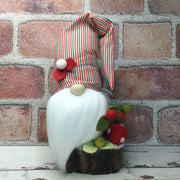 Christmas Stripe Gnome & Flora on Natural Tree Stump/Christmas