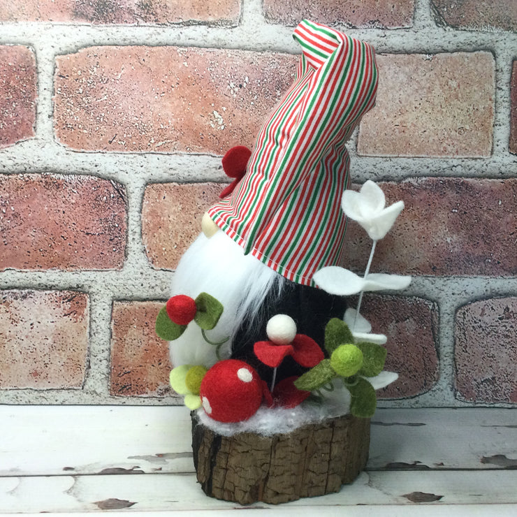 Christmas Stripe Gnome & Flora on Natural Tree Stump/Christmas