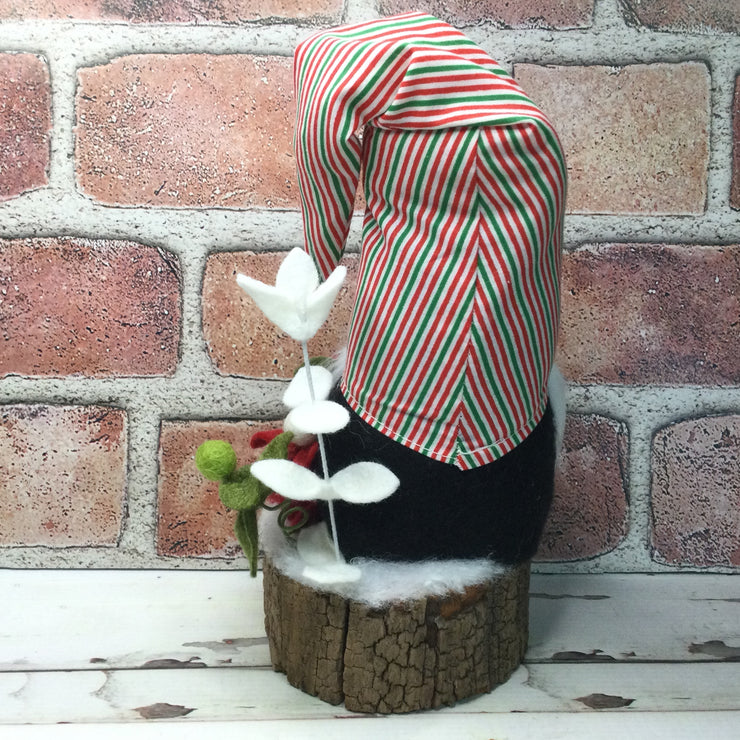 Christmas Stripe Gnome & Flora on Natural Tree Stump/Christmas