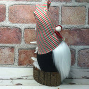 Christmas Stripe Gnome & Flora on Natural Tree Stump/Christmas