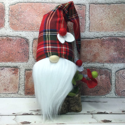 Red Tartan Plaid Gnome & Flora on Natural Tree Stump/Christmas