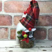 Red Tartan Plaid Gnome & Flora on Natural Tree Stump/Christmas