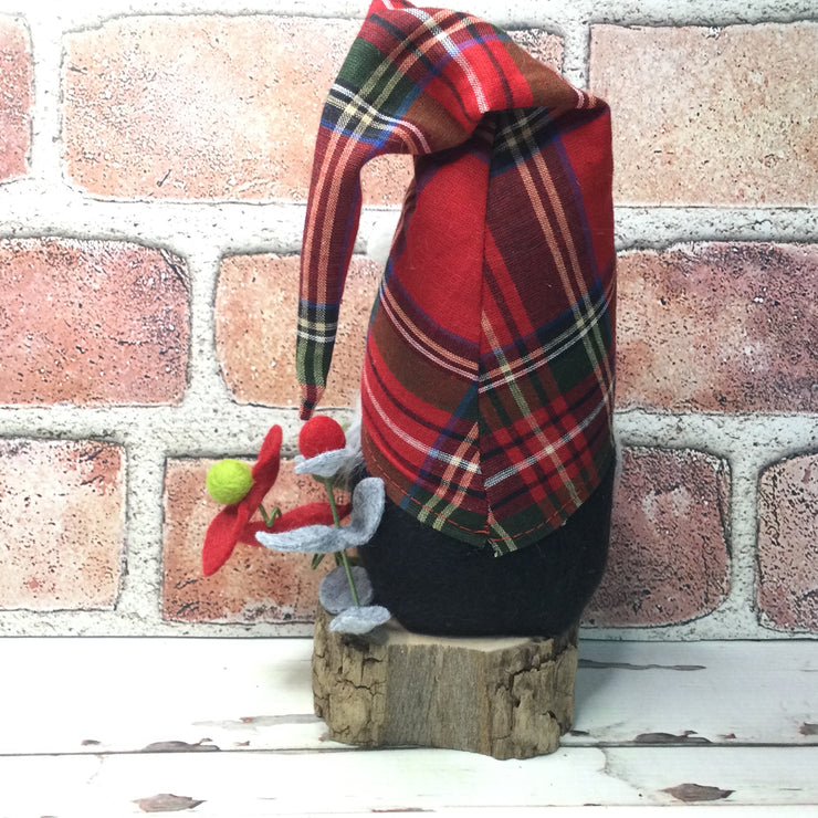 Red Tartan Plaid Gnome & Flora on Natural Tree Stump/Christmas