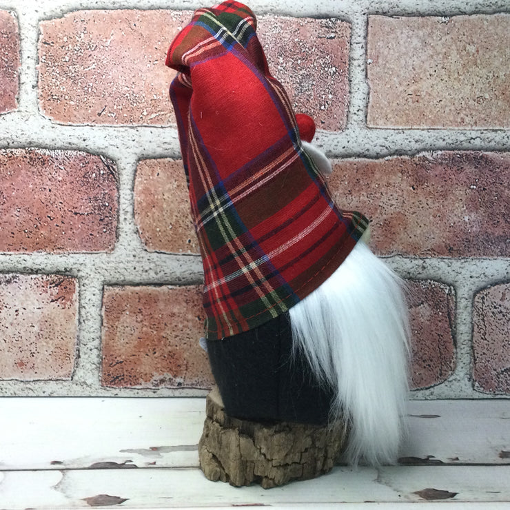 Red Tartan Plaid Gnome & Flora on Natural Tree Stump/Christmas