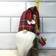 Red Tartan Plaid Gnome & Flora on Natural Tree Stump/Christmas