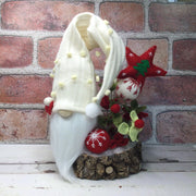 Winter White Gnome with Red Star & Flora on Natural Tree Stump/Christmas