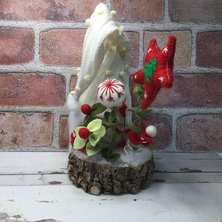 Winter White Gnome with Red Star & Flora on Natural Tree Stump/Christmas