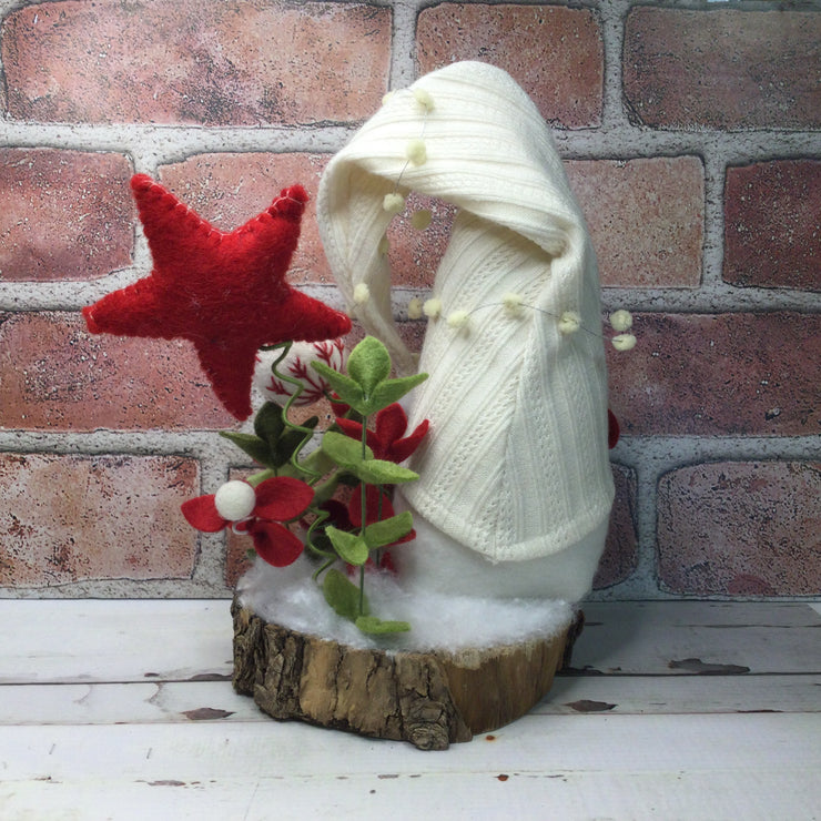 Winter White Gnome with Red Star & Flora on Natural Tree Stump/Christmas