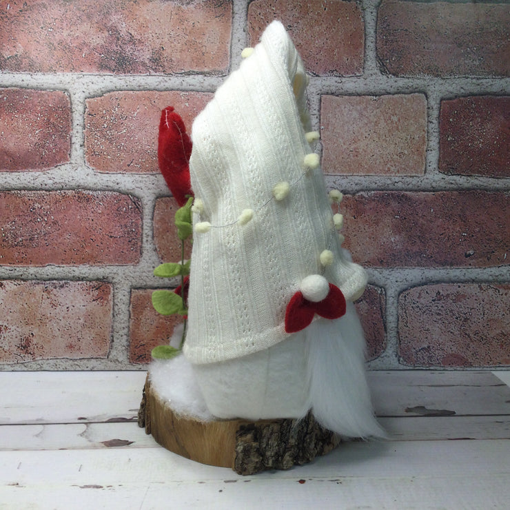 Winter White Gnome with Red Star & Flora on Natural Tree Stump/Christmas