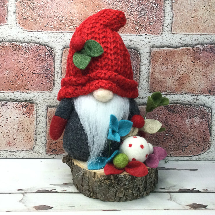 Grey & Red Gnome & Flora on Natural Tree Stump/Christmas