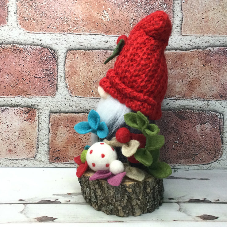 Grey & Red Gnome & Flora on Natural Tree Stump/Christmas