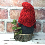 Grey & Red Gnome & Flora on Natural Tree Stump/Christmas