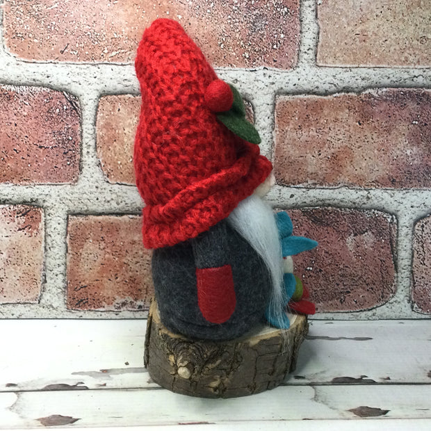 Grey & Red Gnome & Flora on Natural Tree Stump/Christmas