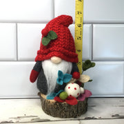 Grey & Red Gnome & Flora on Natural Tree Stump/Christmas