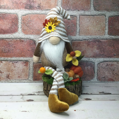 Autumn Stripe Gnome, Pumpkins with Flora on Natural Tree Stump