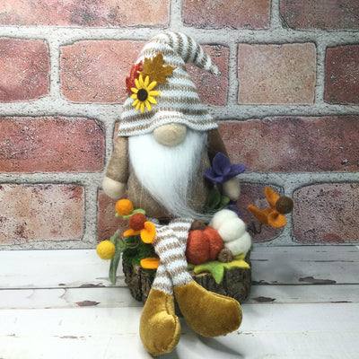 Autumn Stripe Gnome, Pumpkins with Flora on Natural Tree Stump