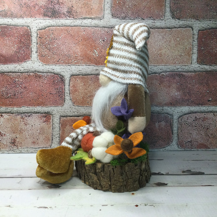 Autumn Stripe Gnome, Pumpkins with Flora on Natural Tree Stump