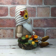 Autumn Stripe Gnome, Pumpkins with Flora on Natural Tree Stump