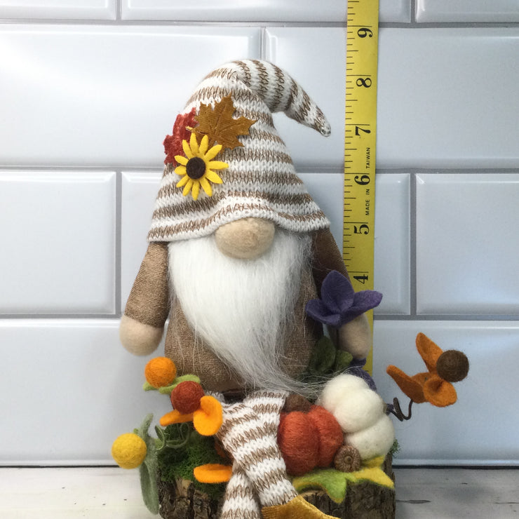 Autumn Stripe Gnome, Pumpkins with Flora on Natural Tree Stump