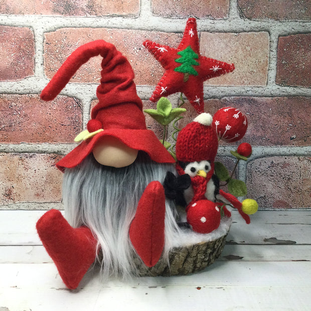 Red Gnome with Penguin, Red Star & Flora on Natural Tree Stump/Christmas