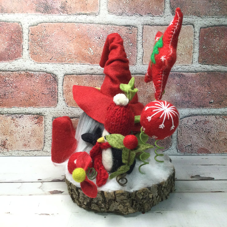 Red Gnome with Penguin, Red Star & Flora on Natural Tree Stump/Christmas