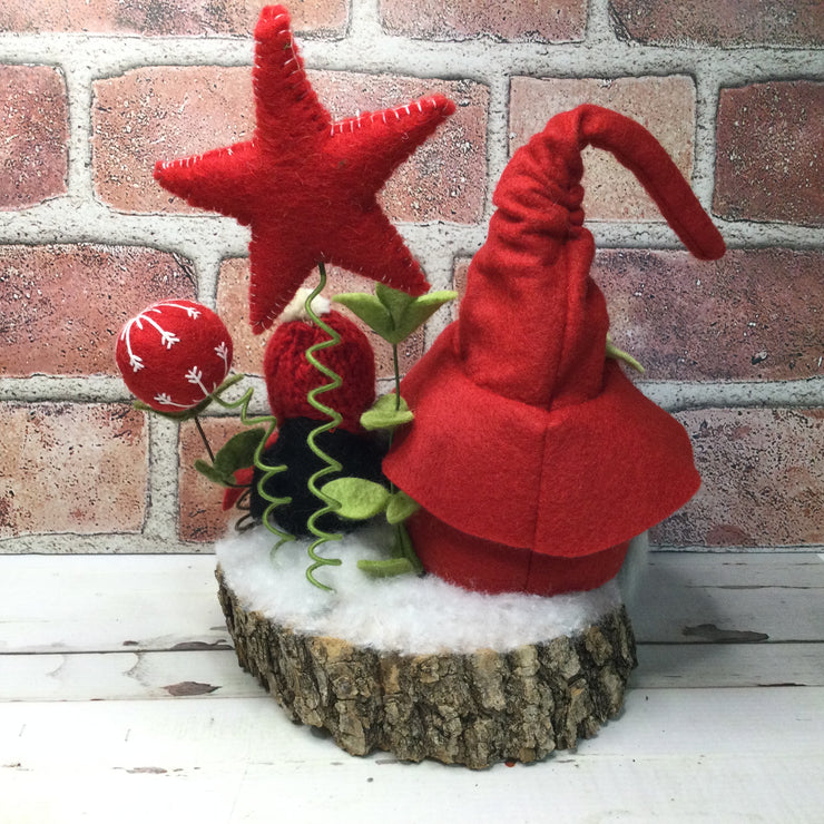 Red Gnome with Penguin, Red Star & Flora on Natural Tree Stump/Christmas