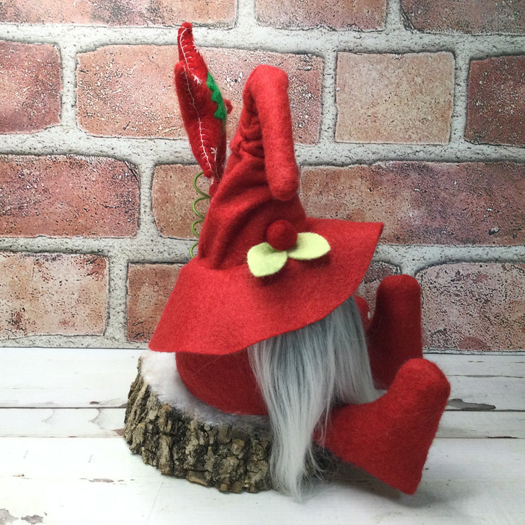 Red Gnome with Penguin, Red Star & Flora on Natural Tree Stump/Christmas