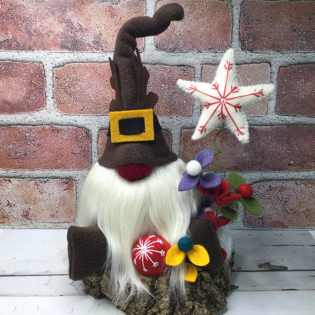 Rudolph Gnome with Star & Flora on Natural Tree Stump/Christmas