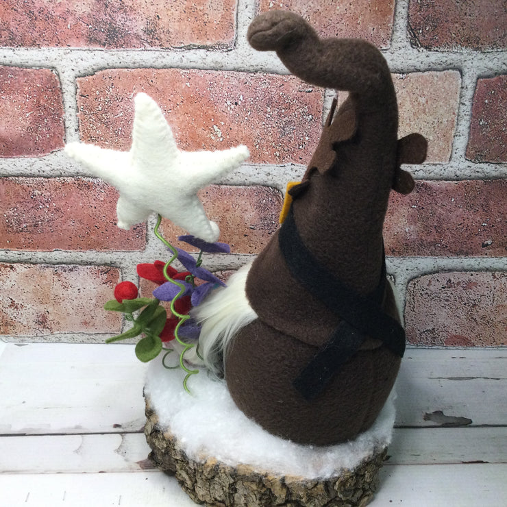 Rudolph Gnome with Star & Flora on Natural Tree Stump/Christmas