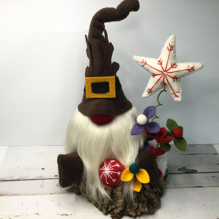 Rudolph Gnome with Star & Flora on Natural Tree Stump/Christmas