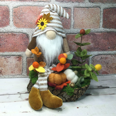 Autumn Stripe Gnome with Pumpkins with Flora on Natural Tree Stump