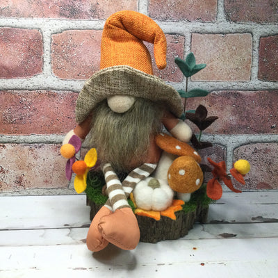 Brimmed Hat Gnome Pumpkin,  Mushrooms & Flora on Natural Tree Stump