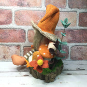 Brimmed Hat Gnome Pumpkin,  Mushrooms & Flora on Natural Tree Stump