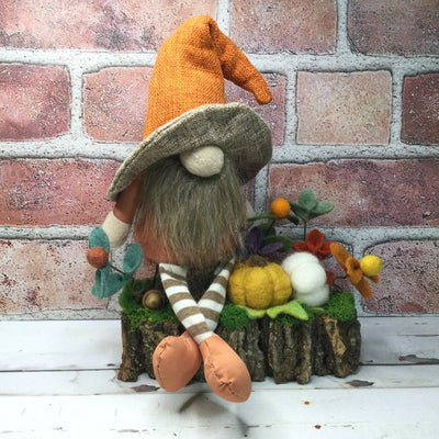 Brimmed Hat Gnome, Pumpkins & Flora on Natural Tree Stump