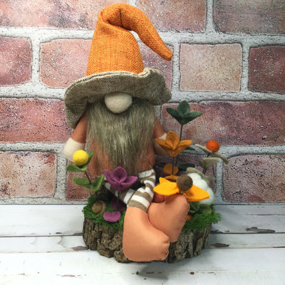 Brimmed Hat Gnome Pumpkins, & Flora on Natural Tree Stump