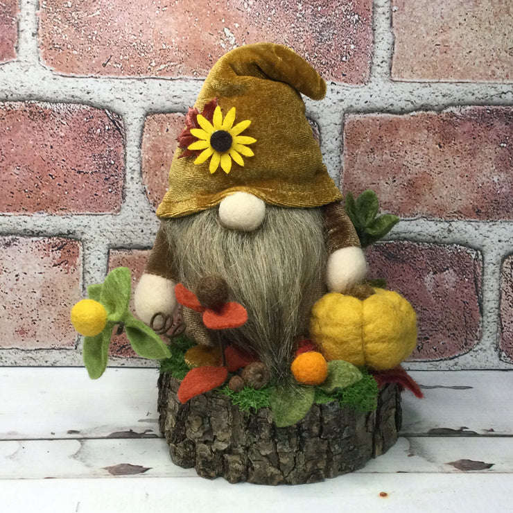 Sunflower Velvet Gnome, Pumpkin & Flora on Natural Tree Stump