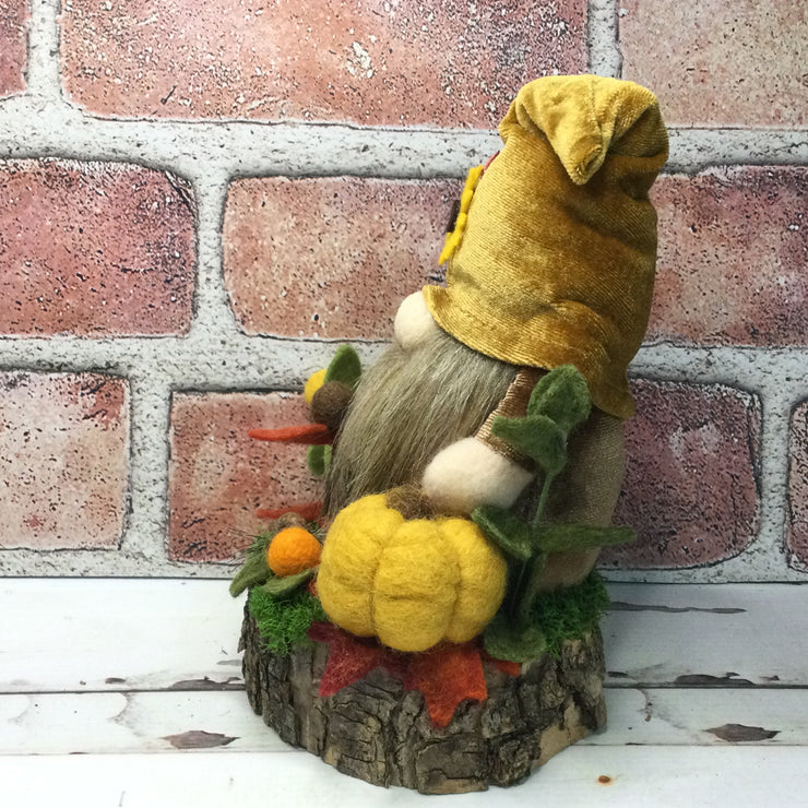 Sunflower Velvet Gnome, Pumpkin & Flora on Natural Tree Stump