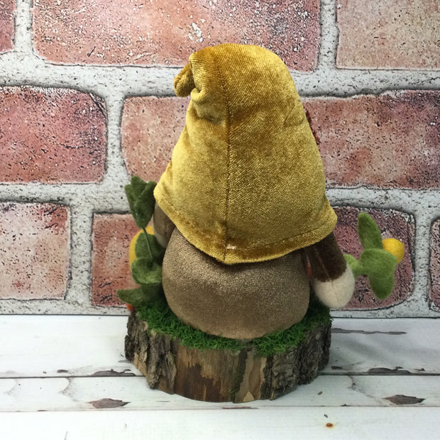 Sunflower Velvet Gnome, Pumpkin & Flora on Natural Tree Stump