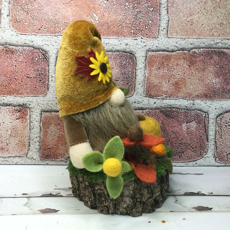 Sunflower Velvet Gnome, Pumpkin & Flora on Natural Tree Stump