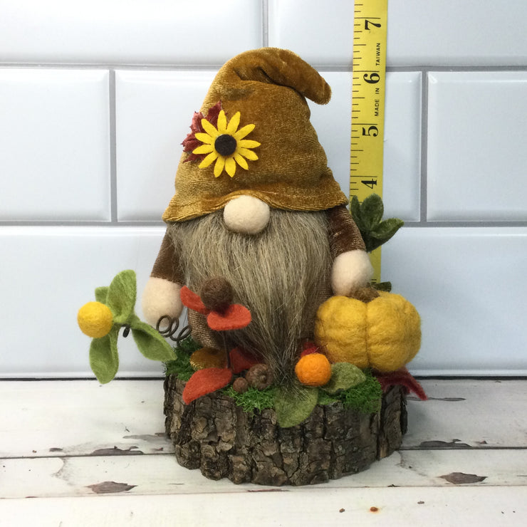 Sunflower Velvet Gnome, Pumpkin & Flora on Natural Tree Stump