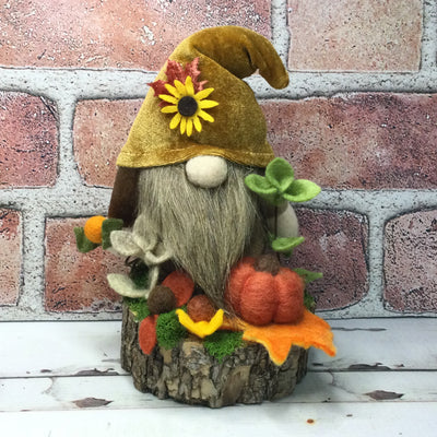 Sunflower Velvet Gnome, Pumpkin & Flora on Natural Tree Stump