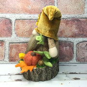 Sunflower Velvet Gnome, Pumpkin & Flora on Natural Tree Stump