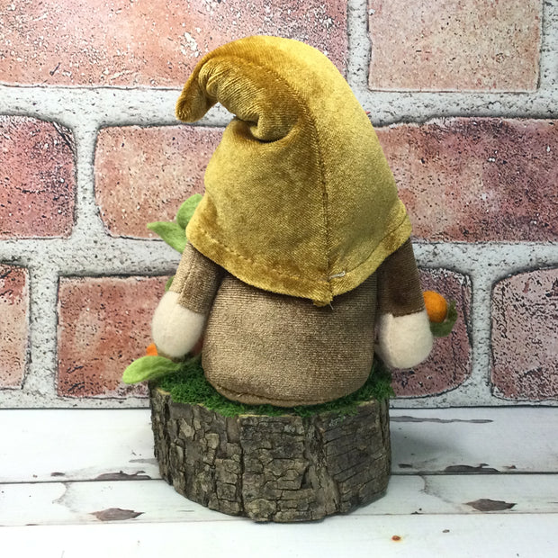 Sunflower Velvet Gnome, Pumpkin & Flora on Natural Tree Stump