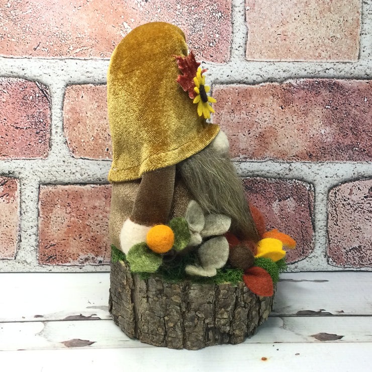 Sunflower Velvet Gnome, Pumpkin & Flora on Natural Tree Stump