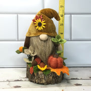 Sunflower Velvet Gnome, Pumpkin & Flora on Natural Tree Stump