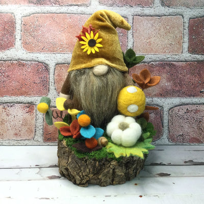 Sunflower Velvet Gnome, Pumpkin, Mushroom & Flora on Natural Tree Stump