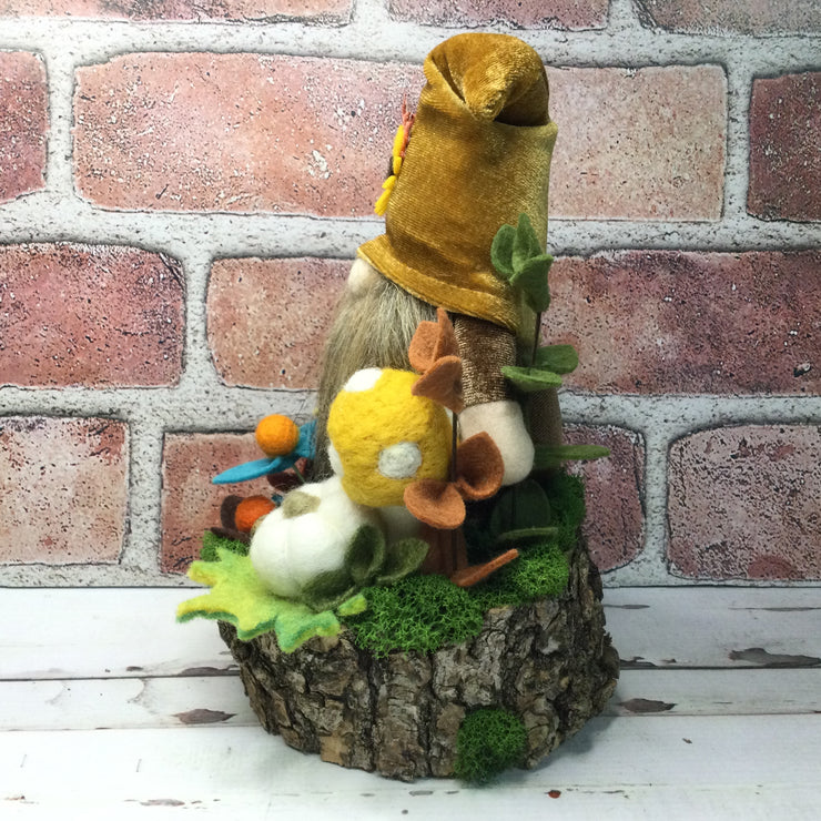 Sunflower Velvet Gnome, Pumpkin, Mushroom & Flora on Natural Tree Stump