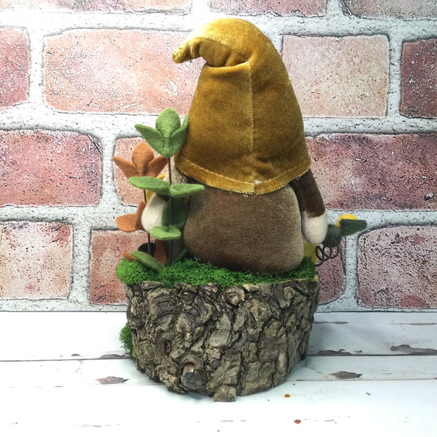 Sunflower Velvet Gnome, Pumpkin, Mushroom & Flora on Natural Tree Stump