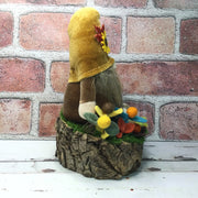 Sunflower Velvet Gnome, Pumpkin, Mushroom & Flora on Natural Tree Stump